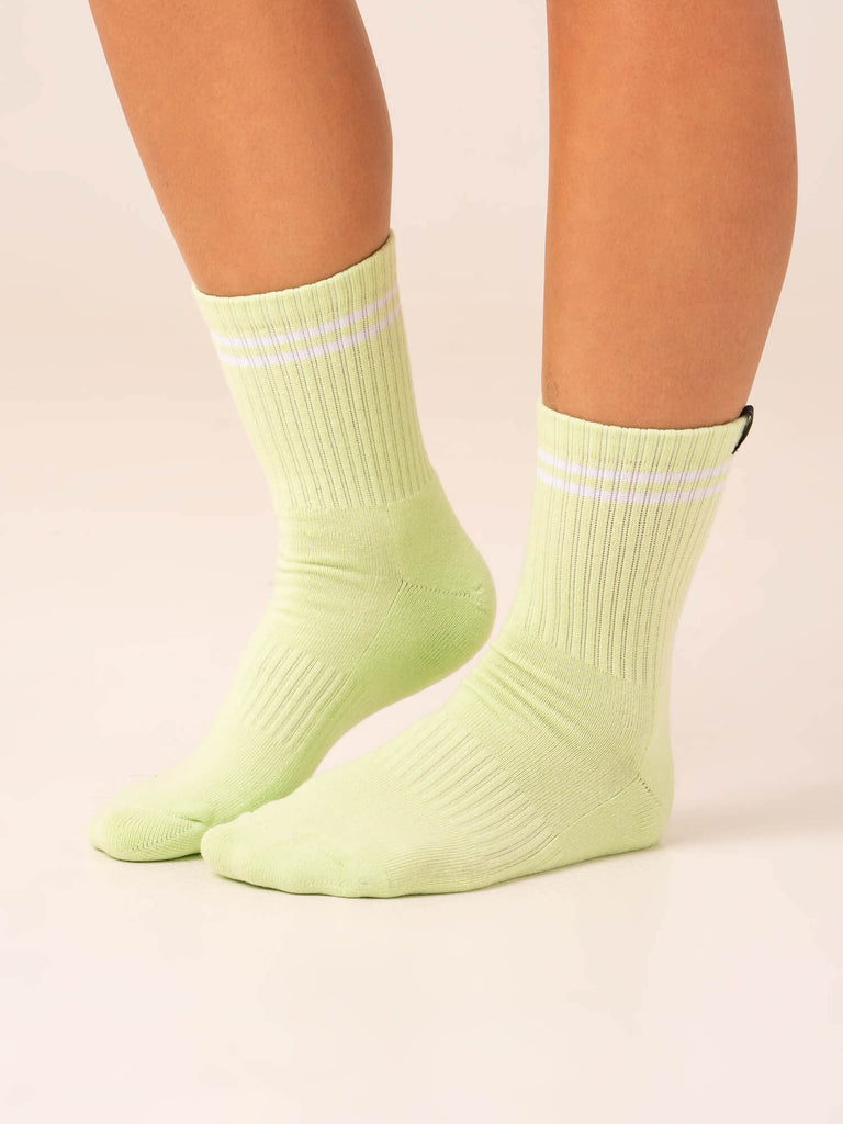 Racer - Lime, Black & White. American Made Stripe Ankle Athletic Socks