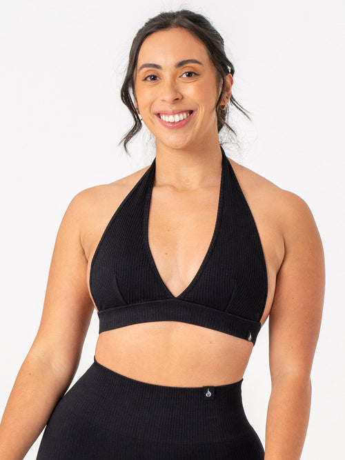 Rib Seamless Halter Sports Bra Black