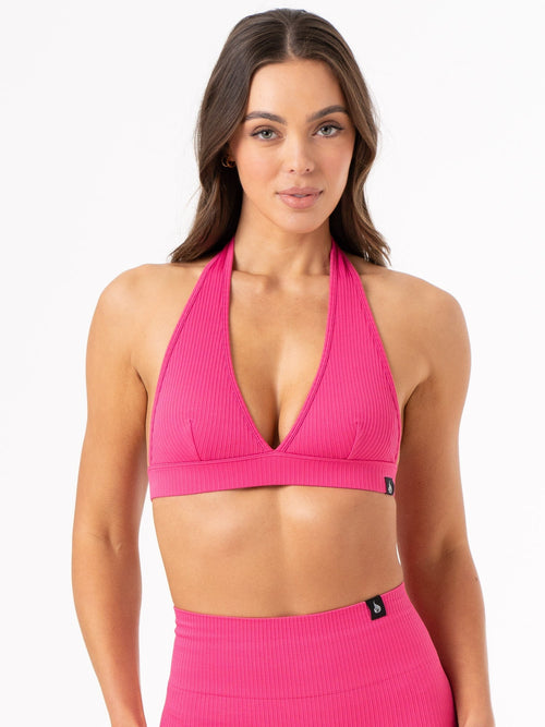 Rib Seamless Halter Sports Bra Hot Pink